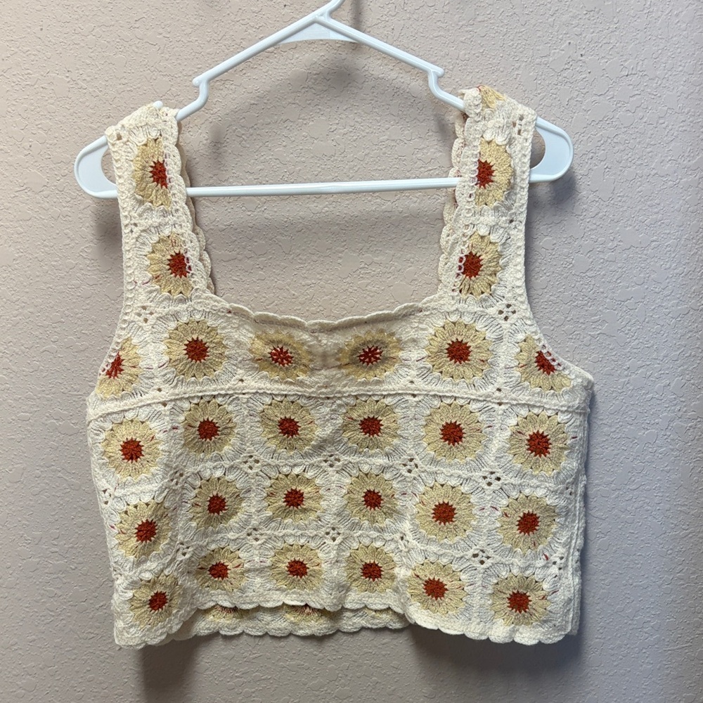 Rebellion Cream and Orange Floral Crochet Crop Top